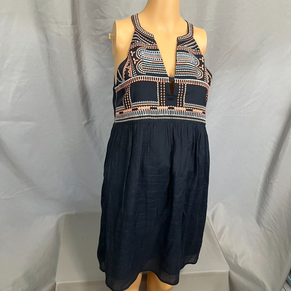 THML Fit & Flare Dress Womens‎ Small Dark Blue Aztec Embroidered Rayon Pullover